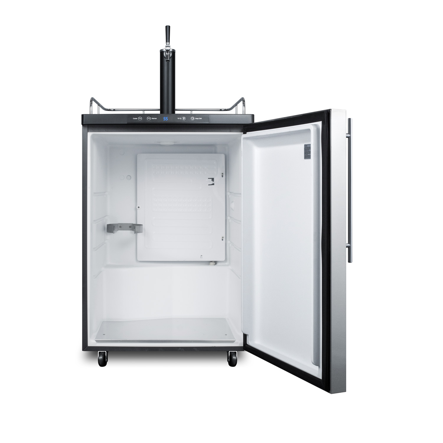 Freestanding residential beer dispenser, auto defrost with digital thermostat, stainless steel wrapped door, thin handle and black cabinet